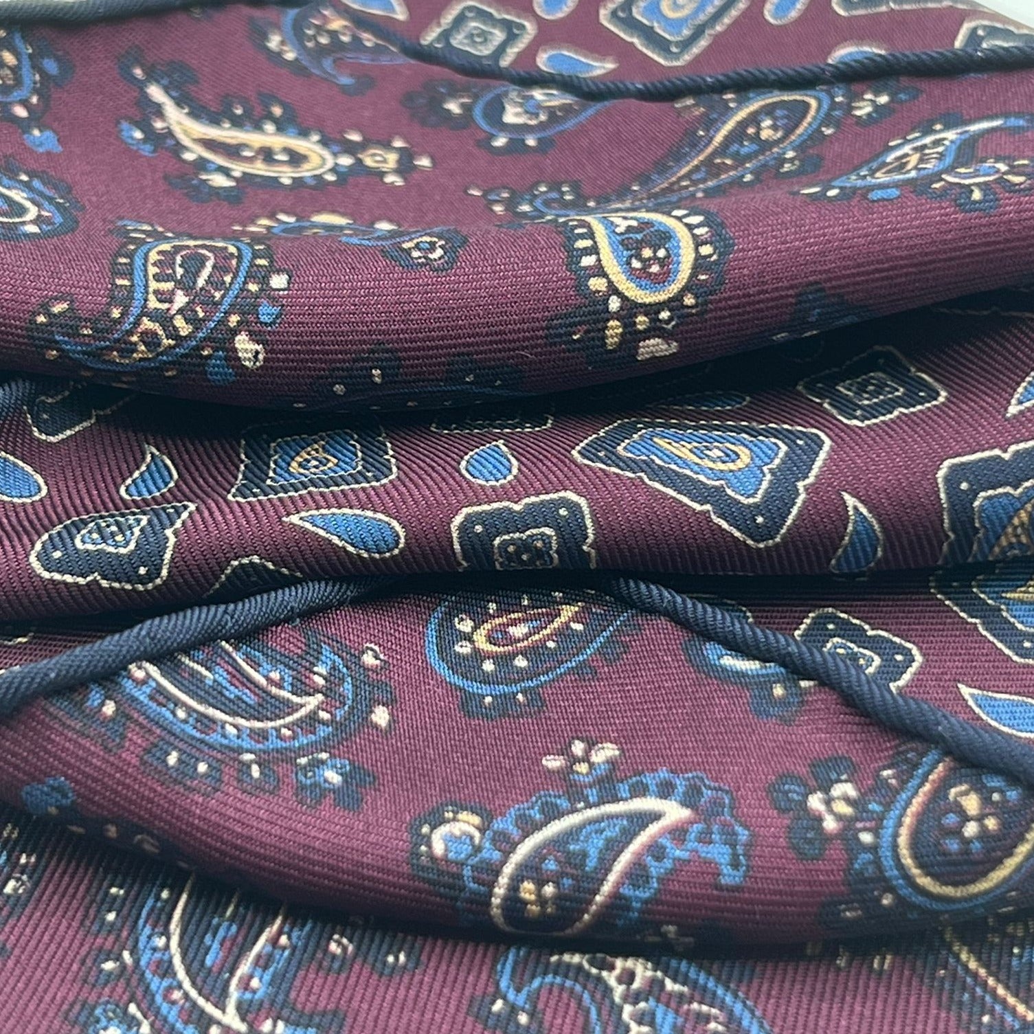 Holliday & Brown Hand-rolled   Holliday & Brown for Cruciani & Bella 100% Silk Red Wine, Blue, Light Blue and Gold Double Faces Patterned  Motif  Pocket Square Handmade in Italy 32 cm X 32 cm