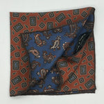 Holliday & Brown Hand-rolled   Holliday & Brown for Cruciani & Bella 100% Silk Rust, Green, Brown Double Faces Patterned  Motif  Pocket Square Handmade in Italy 32 cm X 32 cm