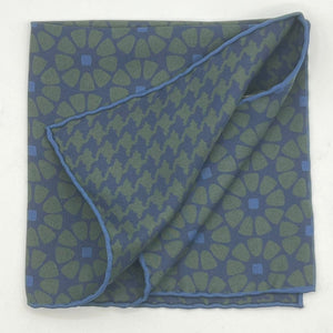 Holliday & Brown Hand-rolled   Holliday & Brown for Cruciani & Bella 100% Silk Blue and Green Double Faces Patterned  Motif  Pocket Square Handmade in Italy 32 cm X 32 cm
