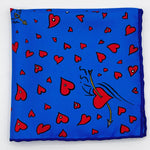 Cruciani &amp; Bella
Hand-rolled&nbsp;&nbsp;
100% Silk
Light Blue, Red and White

Love Motif Pocket Square
Made in Italy
33 cm X 33 cm