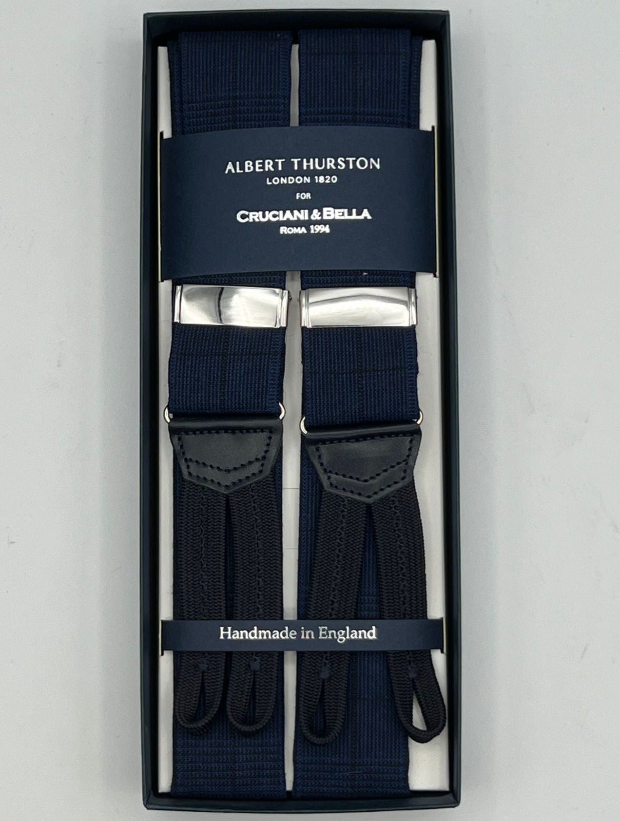 Albert Thurston for Cruciani & Bella Made in England Adjustable Sizing 40 mm braces 100% Wool Fresco III Blue and Dark Blue Pattern Braid ends Y-Shaped Nickel Fittings