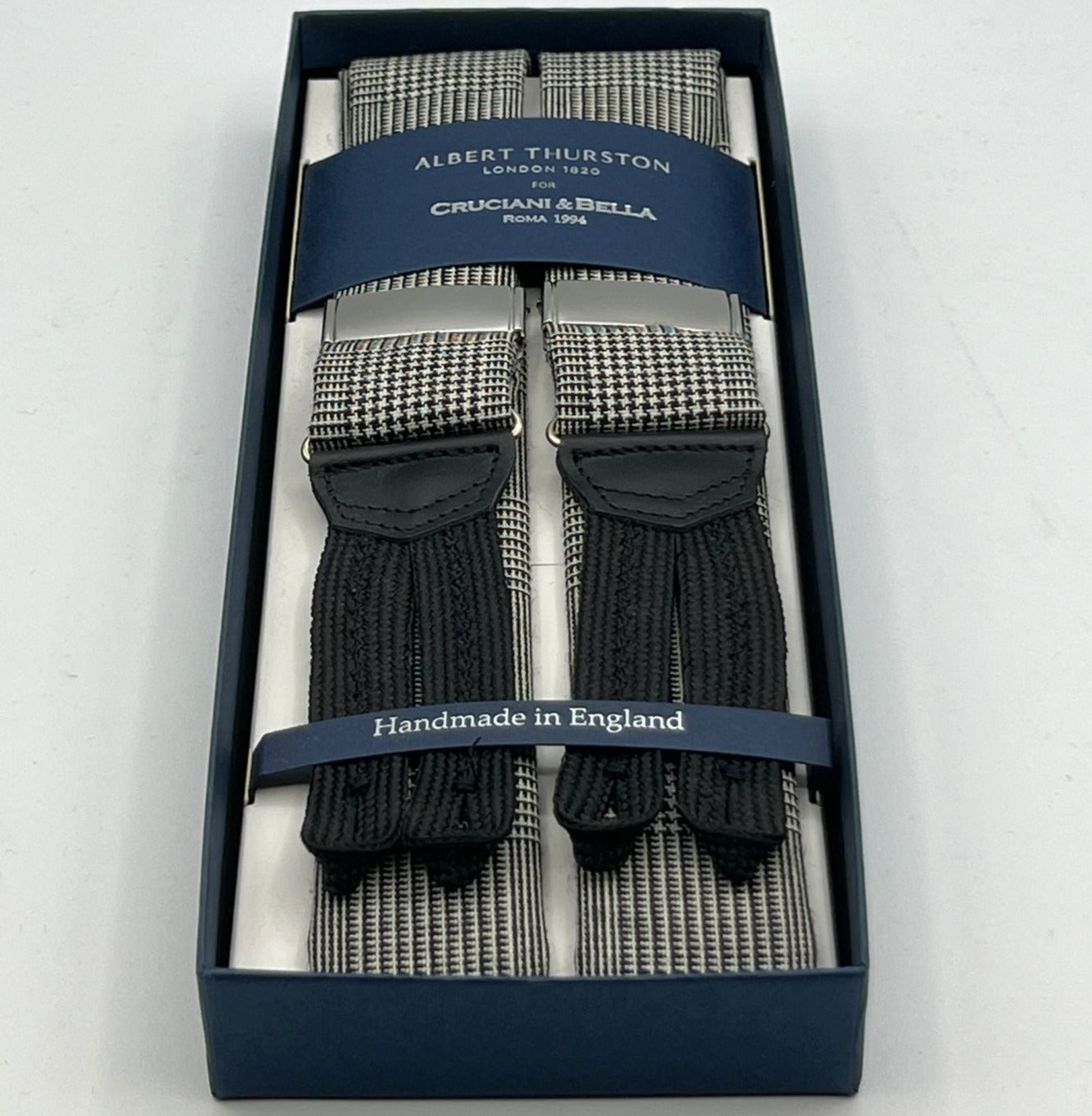 Albert Thurston for Cruciani & Bella Made in England Adjustable Sizing 40 mm braces 100% Wool Fresco III Prince of Wales White and Black  Braid ends Y-Shaped Nickel Fittings XL