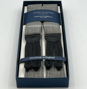 Albert Thurston for Cruciani & Bella Made in England Adjustable Sizing 40 mm braces 100% Wool Fresco III Prince of Wales White and Black  Braid ends Y-Shaped Nickel Fittings XL