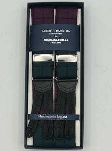 Albert Thurston for Cruciani & Bella Made in England Adjustable Sizing 40 mm braces 100% Wool Red Wine and Green Tartan Motif Braid ends Y-Shaped Nickel Fittings XL