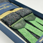 Albert Thurston for Cruciani & Bella Made in England Adjustable Sizing 40 mm braces 100% Wool Donegal Grey Melange Color Braid ends Y-Shaped Gold Fittings