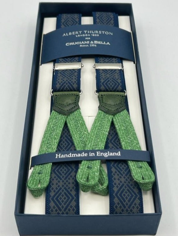 Albert Thurston for Cruciani & Bella Made in England Adjustable Sizing 25 mm elastic braces Blue, Grey Patterned Braid ends Y-Shaped Nickel Fittings Size: XL