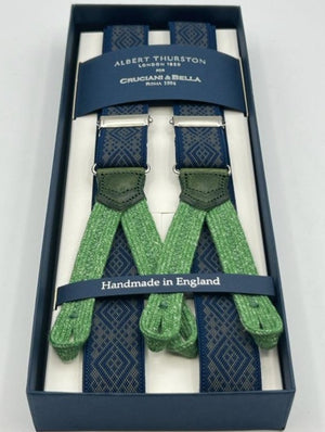 Albert Thurston for Cruciani & Bella Made in England Adjustable Sizing 25 mm elastic braces Blue, Grey Patterned Braid ends Y-Shaped Nickel Fittings Size: XL