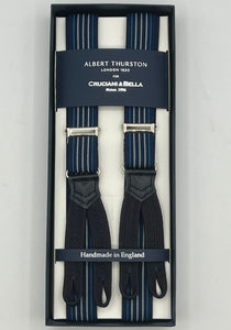 Albert Thurston for Cruciani & Bella Made in England Adjustable Sizing 25 mm elastic braces Blue, Light Blue and white Stripes  Braid ends Y-Shaped Nickel  Fittings Size: XL