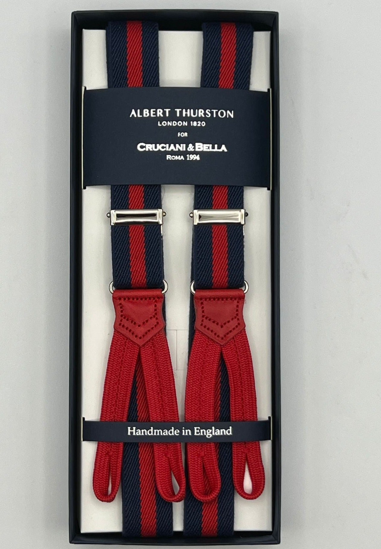 Albert Thurston for Cruciani & Bella Made in England Adjustable Sizing 25 mm elastic braces Blue, Red Stripes  Braid ends Y-Shaped Nickel  Fittings Size: XL