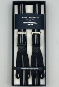 Albert Thurston for Cruciani & Bella Made in England Adjustable Sizing 25 mm elastic braces Blue, White Stripes  Braid ends Y-Shaped Nickel  Fittings Size: XL