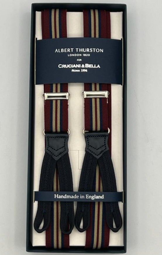 Albert Thurston for Cruciani & Bella Made in England Adjustable Sizing 25 mm elastic braces Burgundy and Blue Stripes Braid ends Y-Shaped Nickel Fittings Size: XL