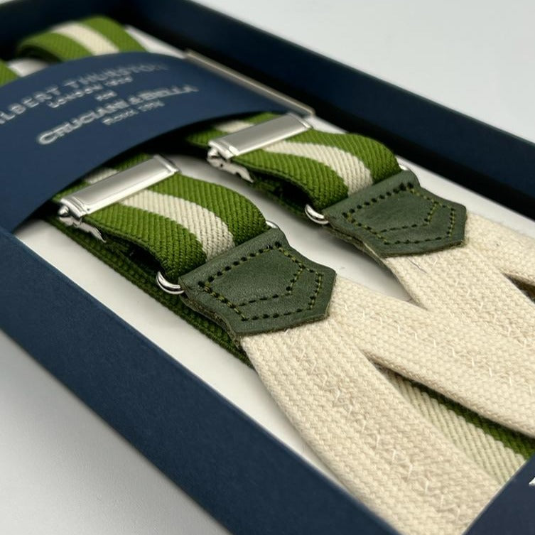 Albert Thurston for Cruciani & Bella Made in England Adjustable Sizing 25 mm elastic braces Light Green, Off White Braid ends Y-Shaped Nickel Fittings Size: XL