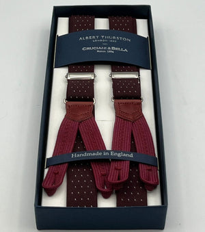 Albert Thurston for Cruciani & Bella Made in England Adjustable Sizing 25 mm elastic braces Red Wine and White  Dots Braid ends Y-Shaped Nickel Fittings Size: L