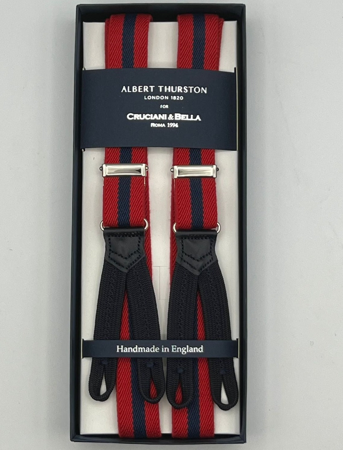 Albert Thurston for Cruciani & Bella Made in England Adjustable Sizing 25 mm elastic braces Red, Blue Stripes  Braid ends Y-Shaped Nickel  Fittings Size: XL