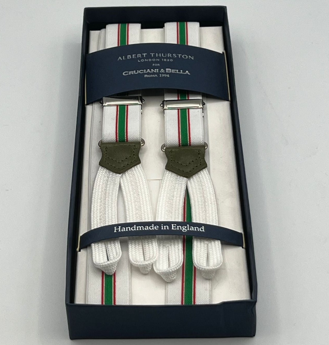 Albert Thurston for Cruciani & Bella Made in England Adjustable Sizing 25 mm elastic braces White, Green and Red Stripes Braid ends Y-Shaped Nickel Fittings Size: L