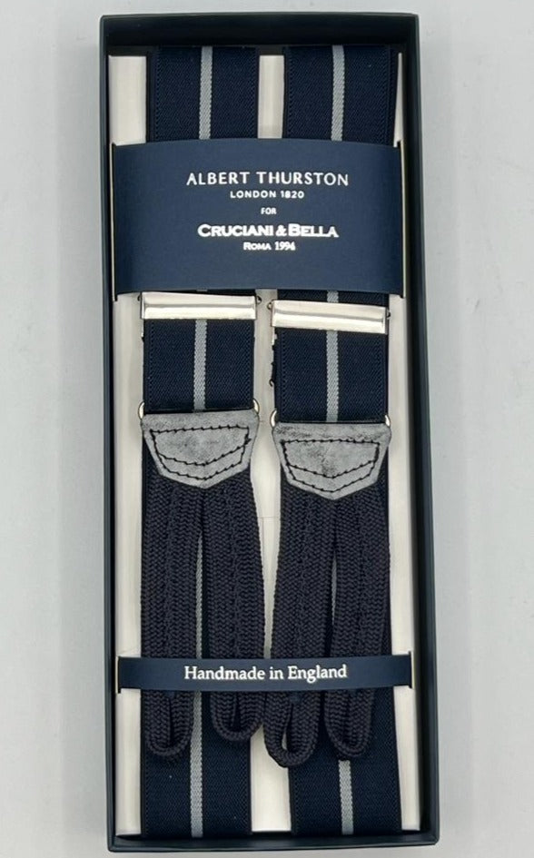 Albert Thurston for Cruciani & Bella Made in England Adjustable Sizing 35 mm Elastic Braces Blue, Grey Stripes Braid ends Y-Shaped Nickel Fittings Size: XL