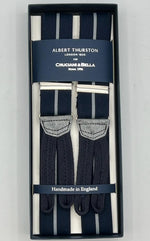Albert Thurston for Cruciani & Bella Made in England Adjustable Sizing 35 mm Elastic Braces Blue, Grey Stripes Braid ends Y-Shaped Nickel Fittings Size: XL