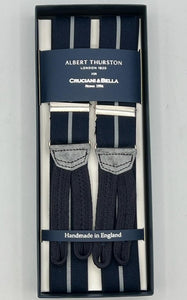 Albert Thurston for Cruciani & Bella Made in England Adjustable Sizing 35 mm Elastic Braces Blue, Grey Stripes Braid ends Y-Shaped Nickel Fittings Size: XL