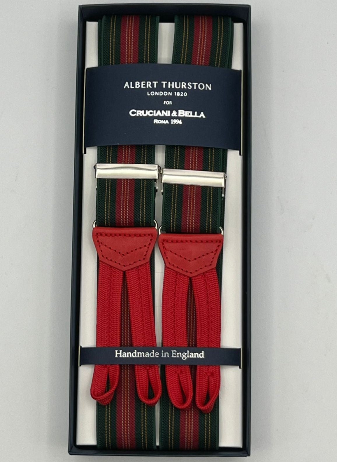 Albert Thurston for Cruciani & Bella Made in England Adjustable Sizing 35 mm Elastic Braces Grenn, Red and Yellow Stripes Braces Braid ends Y-Shaped Nickel Fittings Size: L