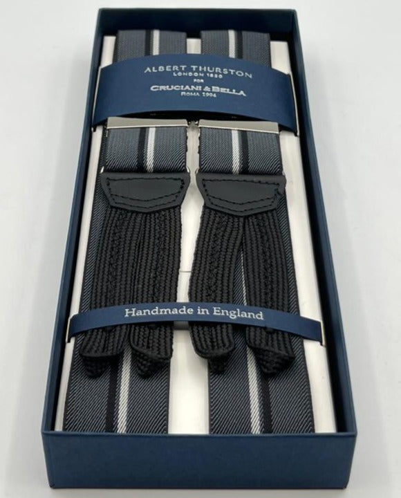 Albert Thurston for Cruciani & Bella Made in England Adjustable Sizing 35 mm Elastic Braces LightGrey, White and Dark Stripes Braid ends Y-Shaped Nickel Fittings Size: XL