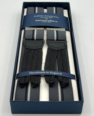 Albert Thurston for Cruciani & Bella Made in England Adjustable Sizing 35 mm Elastic Braces LightGrey, White and Dark Stripes Braid ends Y-Shaped Nickel Fittings Size: XL