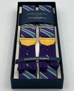 Albert Thurston for Cruciani & Bella Made in England Adjustable Sizing 35 mm elastic  braces Purple, Sky Blue and Yellow Stripes braces Braid ends Y-Shaped Nickel Fittings Size: L