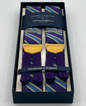 Albert Thurston for Cruciani & Bella Made in England Adjustable Sizing 35 mm elastic  braces Purple, Sky Blue and Yellow Stripes braces Braid ends Y-Shaped Nickel Fittings Size: L