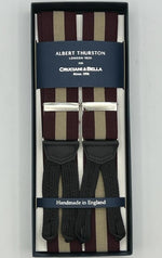 Albert Thurston for Cruciani & Bella Made in England Adjustable Sizing 35 mm Elastic Braces Red Wine, Beige Stripes Braid ends Y-Shaped Nickel Fittings Size: XL