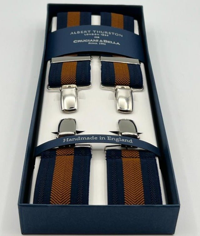 Albert Thurston for Cruciani & Bella Made in England Clip on Adjustable Sizing 35 mm elastic braces Blue, Brown X-Shaped Nickel Fittings Size: XL