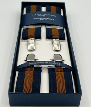 Albert Thurston for Cruciani & Bella Made in England Clip on Adjustable Sizing 35 mm elastic braces Blue, Brown X-Shaped Nickel Fittings Size: XL