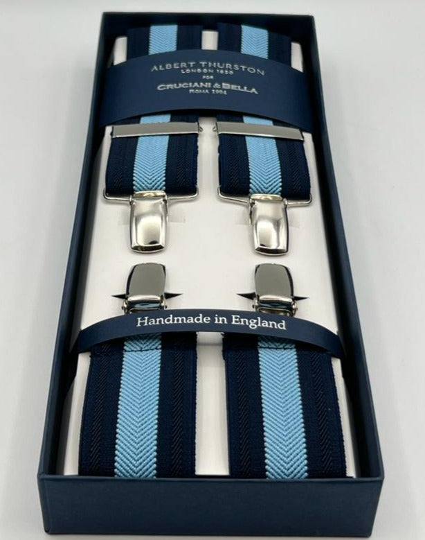 Albert Thurston for Cruciani & Bella Made in England Clip on Adjustable Sizing 35 mm elastic braces Blue, Light Blue Stripes X-Shaped Nickel Fittings Size: XL