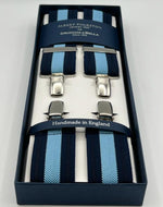 Albert Thurston for Cruciani & Bella Made in England Clip on Adjustable Sizing 35 mm elastic braces Blue, Light Blue Stripes X-Shaped Nickel Fittings Size: XL