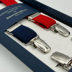 Albert Thurston for Cruciani & Bella Made in England Clip on Adjustable Sizing 25 mm elastic braces Blue and Red Exclusive X-Shaped Nickel Fittings Size: XL