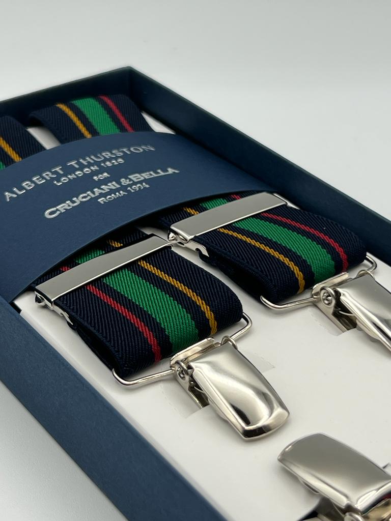 Albert Thurston for Cruciani & Bella Made in England Clip on Adjustable Sizing 35 mm elastic braces Blue, Green,Red and Ocra Stripes X-Shaped Nickel Fittings Size: XL