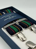 Albert Thurston for Cruciani & Bella Made in England Clip on Adjustable Sizing 35 mm elastic braces Blue, Green,Red and Ocra Stripes X-Shaped Nickel Fittings Size: XL