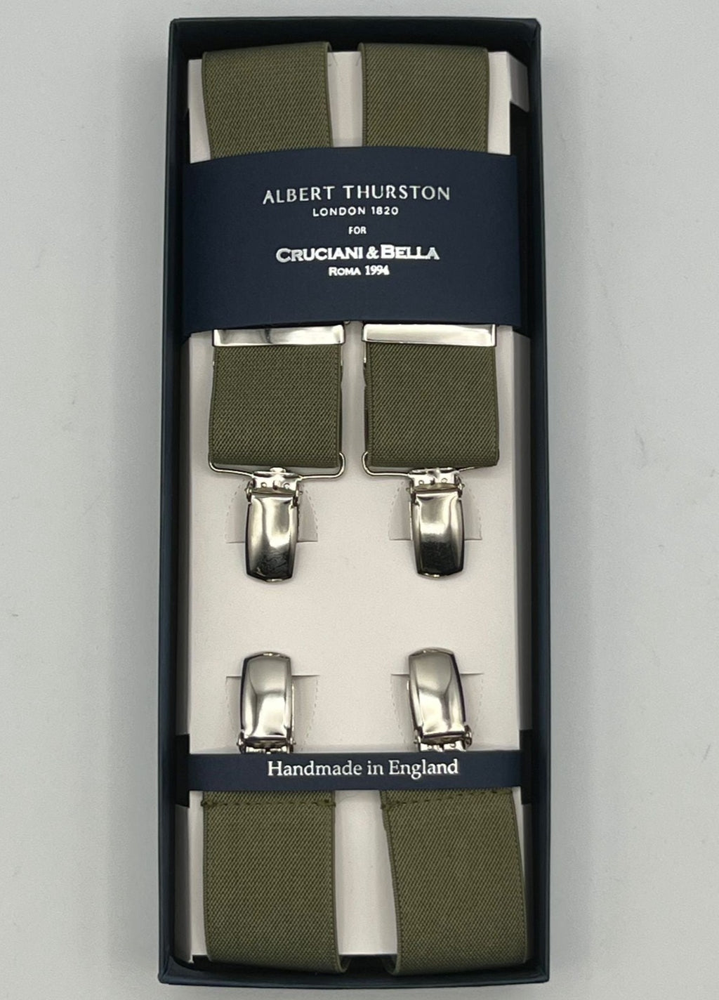Albert Thurston for Cruciani & Bella Made in England Clip on Adjustable Sizing 35 mm elastic braces Military Green  X-Shaped Nickel Fittings Size: L
