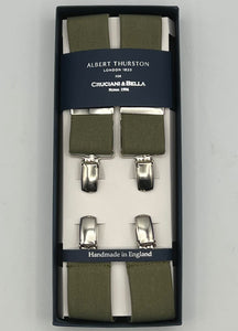 Albert Thurston for Cruciani & Bella Made in England Clip on Adjustable Sizing 35 mm elastic braces Military Green  X-Shaped Nickel Fittings Size: L