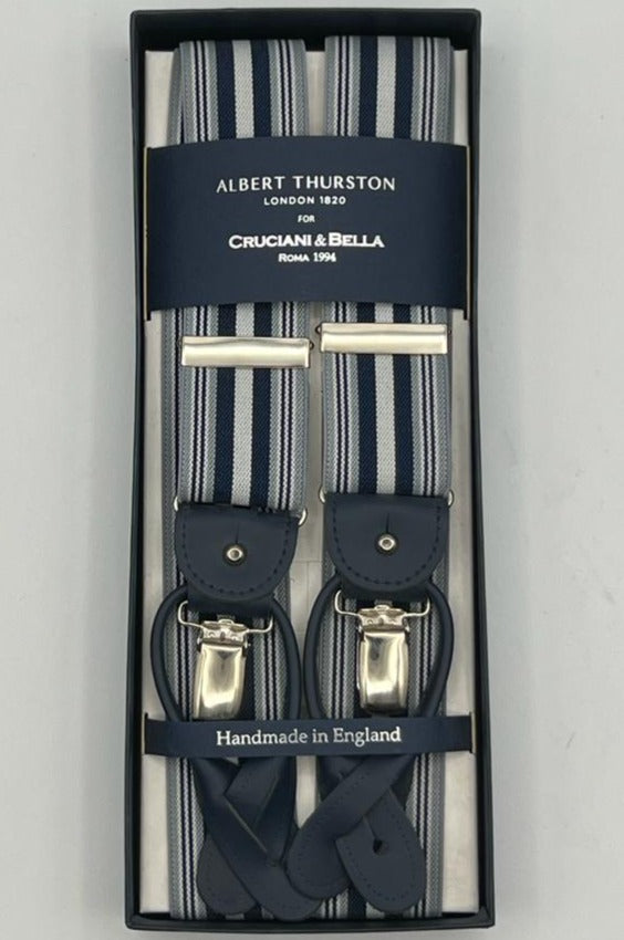Albert Thurston for Cruciani & Bella Made in England 2 in 1 Adjustable Sizing 35 mm elastic braces Blue, Grey and White stripes  Y-Shaped Nickel Fittings Size Large