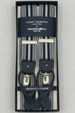 Albert Thurston for Cruciani & Bella Made in England 2 in 1 Adjustable Sizing 35 mm elastic braces Blue, Grey and White stripes  Y-Shaped Nickel Fittings Size Large