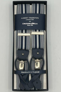 Albert Thurston for Cruciani & Bella Made in England 2 in 1 Adjustable Sizing 35 mm elastic braces Blue, Grey and White stripes  Y-Shaped Nickel Fittings Size Large