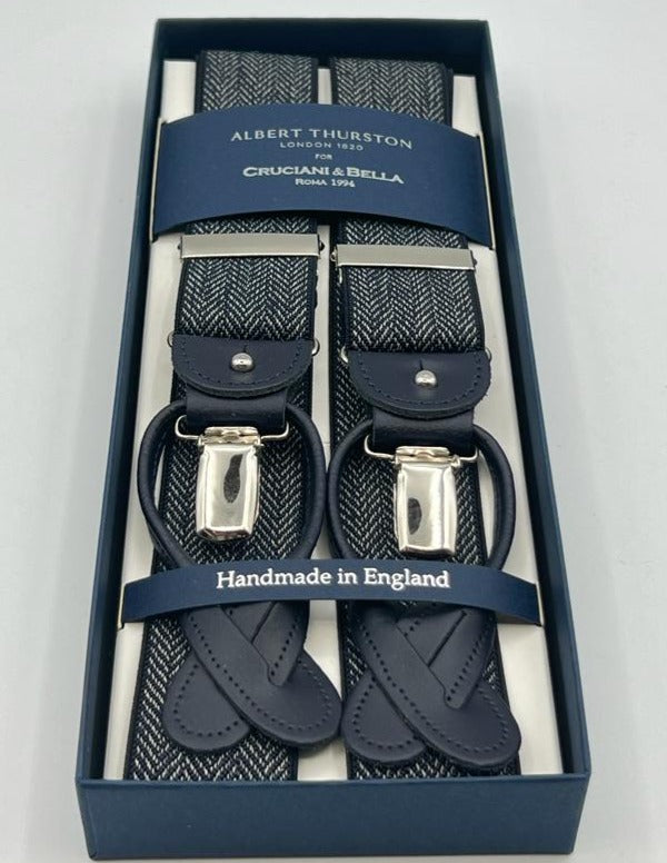 Albert Thurston for Cruciani & Bella Made in England 2 in 1 Adjustable Sizing 35 mm elastic braces Blue, White Harringbone Y-Shaped Nickel Fittings Size XL