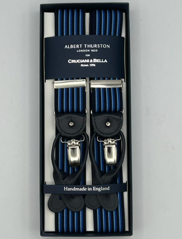 Albert Thurston for Cruciani & Bella Made in England 2 in 1 Adjustable Sizing 35 mm elastic braces Blue, Light Blue stripes  Y-Shaped Nickel Fittings Size Large