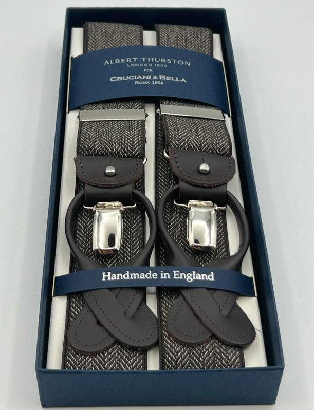 Albert Thurston for Cruciani & Bella Made in England 2 in 1 Adjustable Sizing 35 mm elastic braces Brown, White Harringbone Y-Shaped Nickel Fittings Size XL