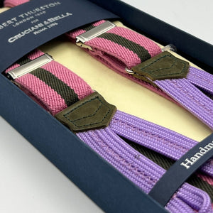 Albert Thurston for Cruciani & Bella Made in England Adjustable Sizing 25 mm elastic braces Pink and military green stripes  Braid ends Y-Shaped Nickel Fittings Size: L