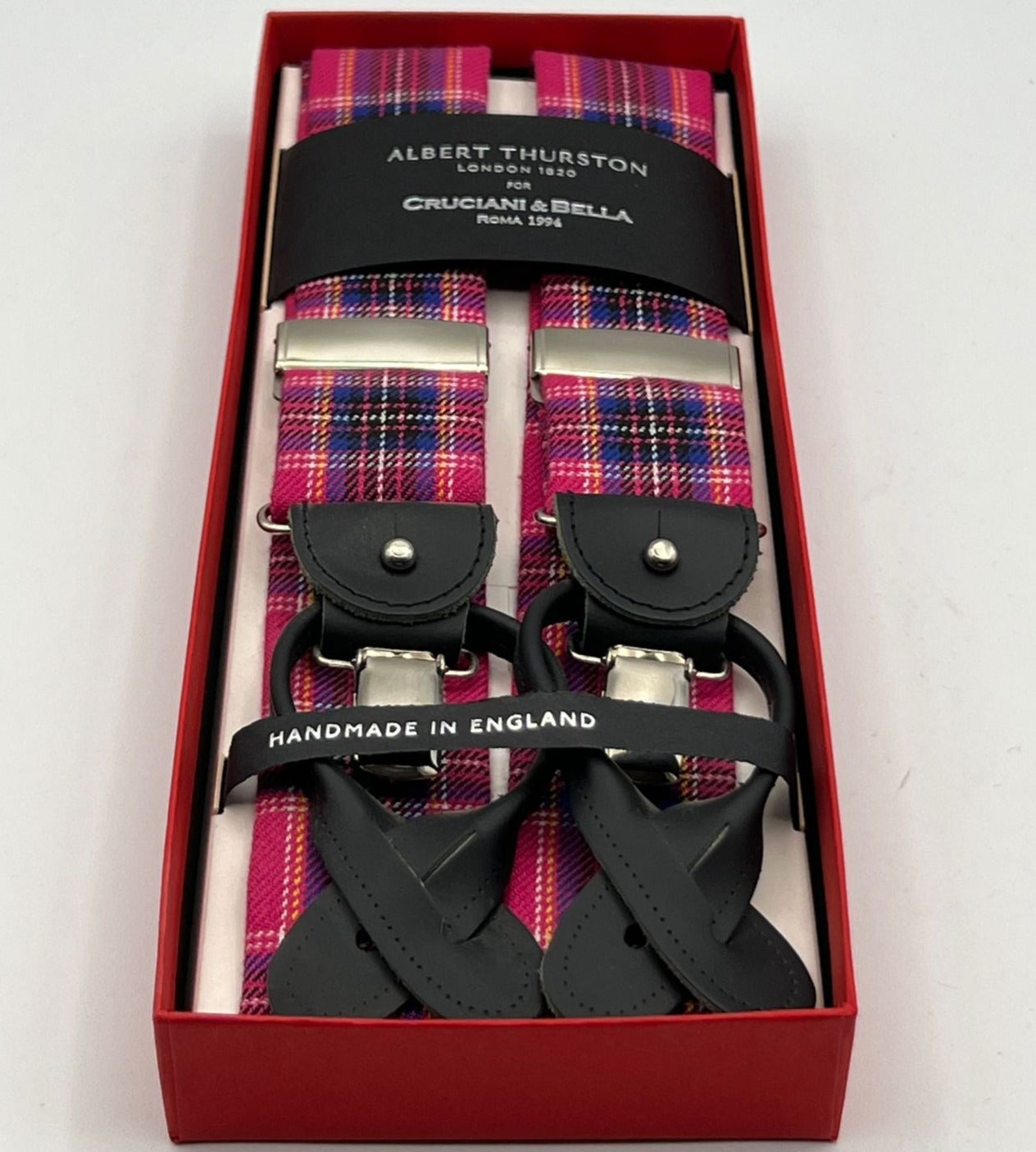 Albert Thurston for Cruciani & Bella Made in England 2 in 1 Adjustable Sizing 25 mm wool braces Pink tartan Y-Shaped Nickel Fittings Size: XL #3699