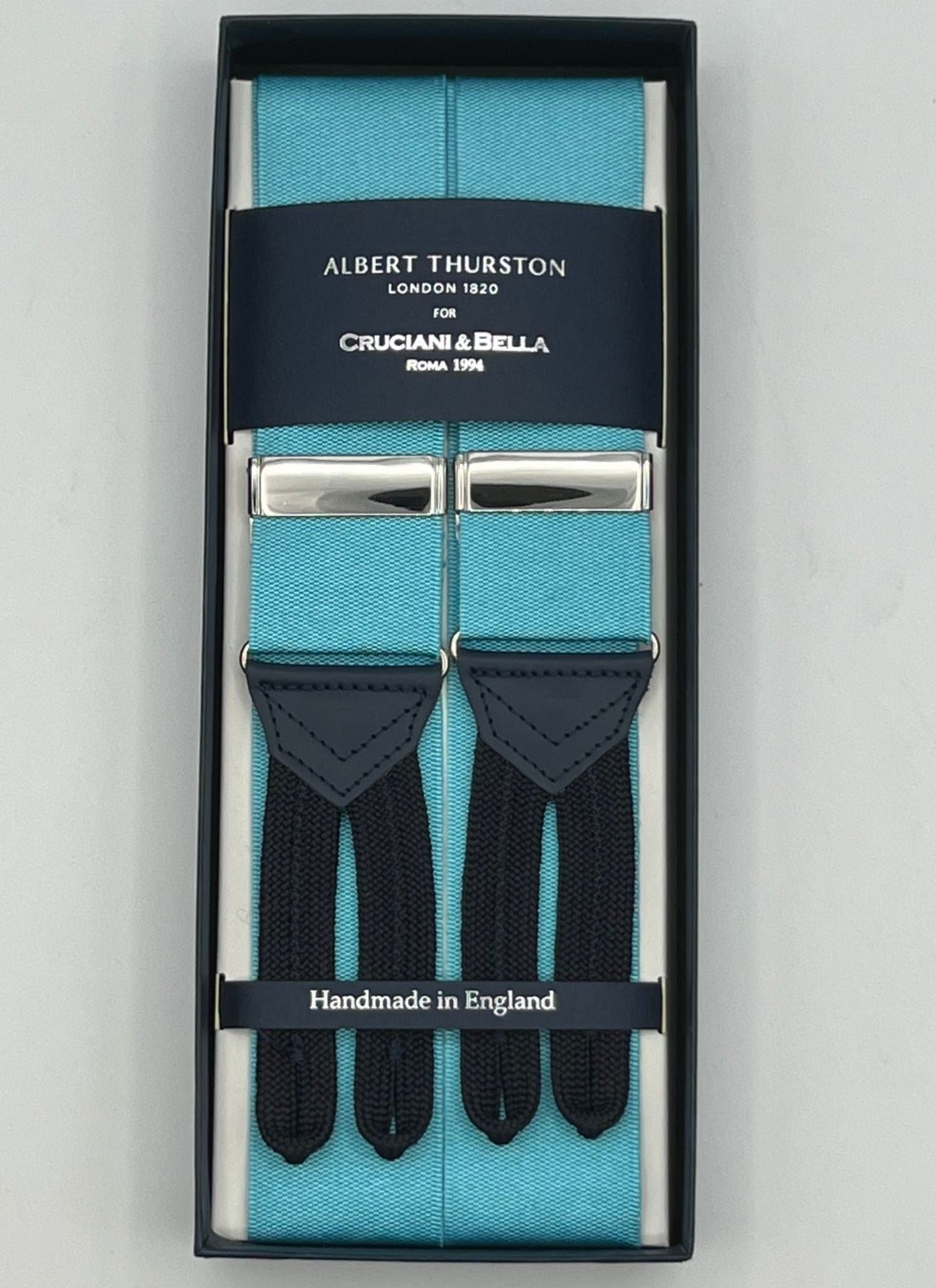 Albert Thurston for Cruciani & Bella Made in England Adjustable Sizing 40 mm Woven Barathea  Artic Blue Plain Braces Braid ends Y-Shaped Nickel Fittings Size: XL