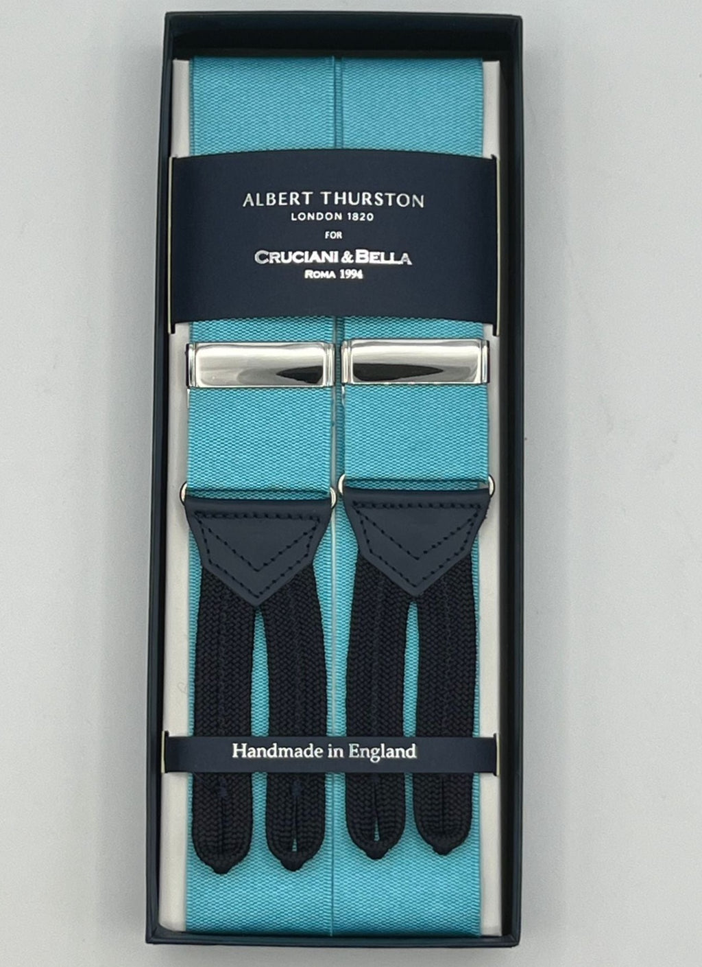 Albert Thurston for Cruciani & Bella Made in England Adjustable Sizing 40 mm Woven Barathea  Artic Blue Plain Braces Braid ends Y-Shaped Nickel Fittings Size: XL