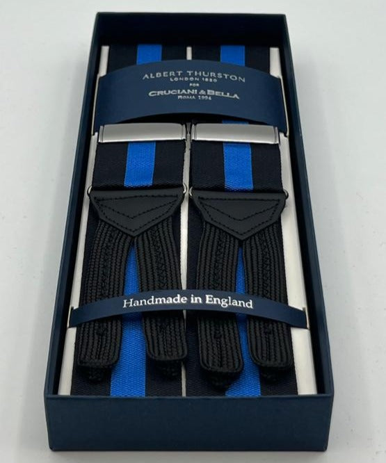Albert Thurston for Cruciani & Bella Made in England Adjustable Sizing 40 mm Woven Barathea  Black and Blue Stripes Braces Braid ends Y-Shaped Nickel Fittings Size: XL