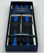 Albert Thurston for Cruciani & Bella Made in England Adjustable Sizing 40 mm Woven Barathea  Black and Blue Stripes Braces Braid ends Y-Shaped Nickel Fittings Size: XL
