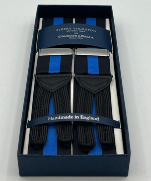 Albert Thurston for Cruciani & Bella Made in England Adjustable Sizing 40 mm Woven Barathea  Black and Blue Stripes Braces Braid ends Y-Shaped Nickel Fittings Size: XL